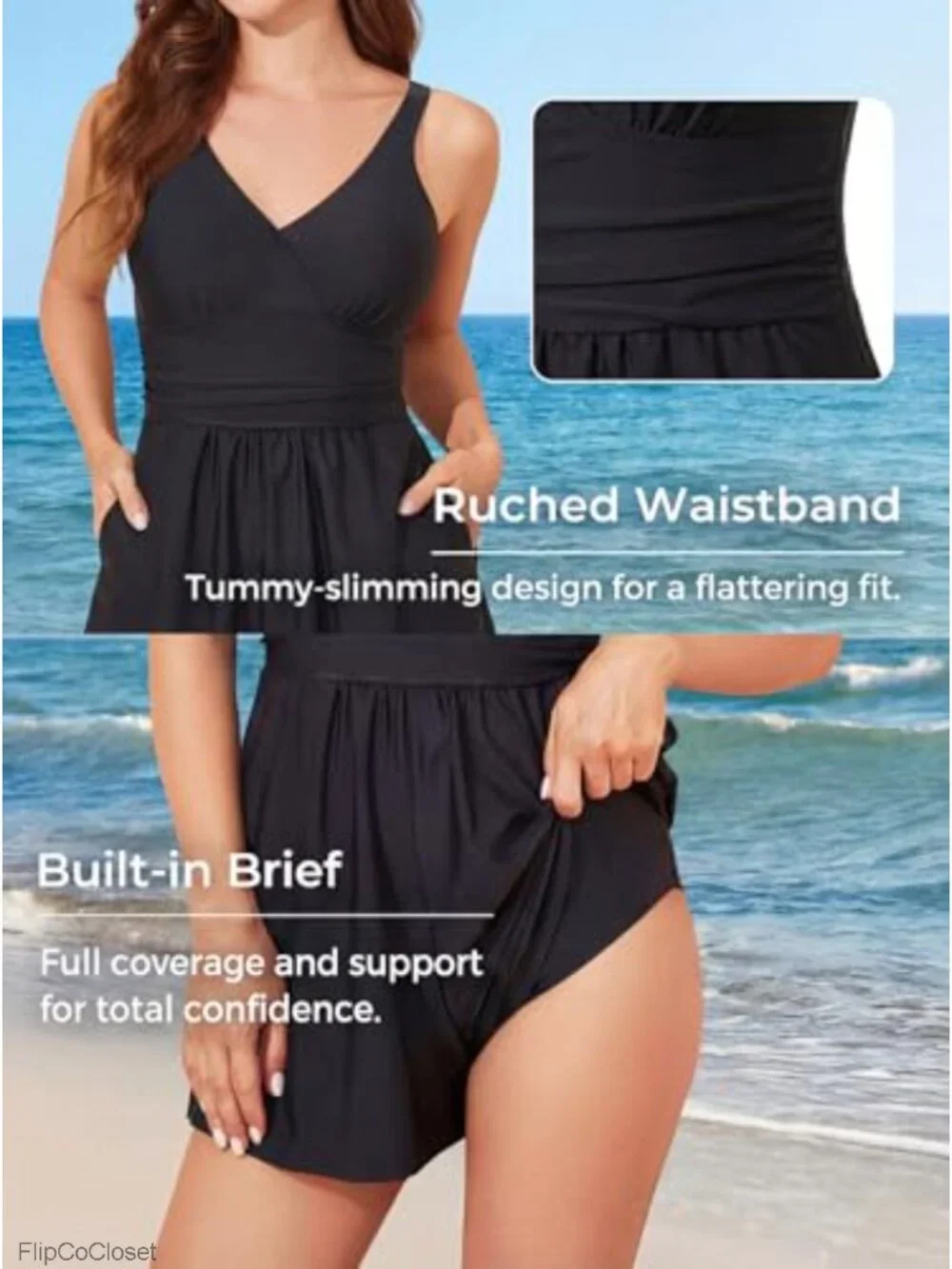 Women's Tummy Control Swim Romper One Piece V Neck Modest Bathing Suit with